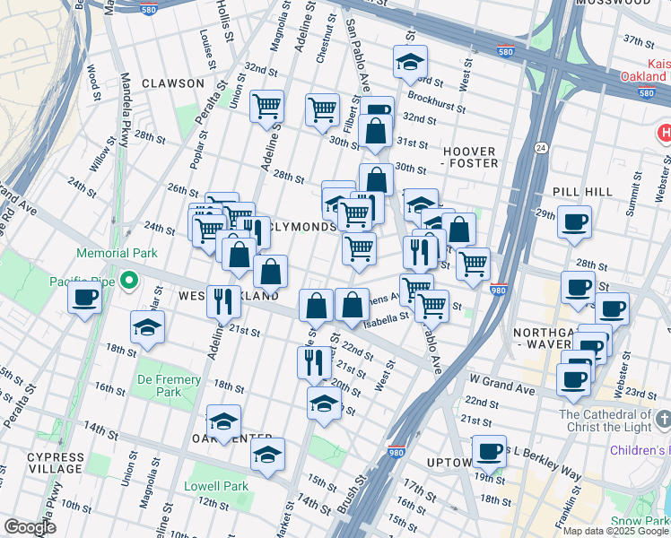 map of restaurants, bars, coffee shops, grocery stores, and more near 2424 Myrtle Street in Oakland