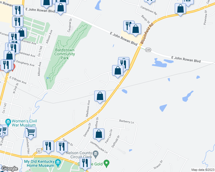 map of restaurants, bars, coffee shops, grocery stores, and more near 210 Reardon Boulevard in Bardstown