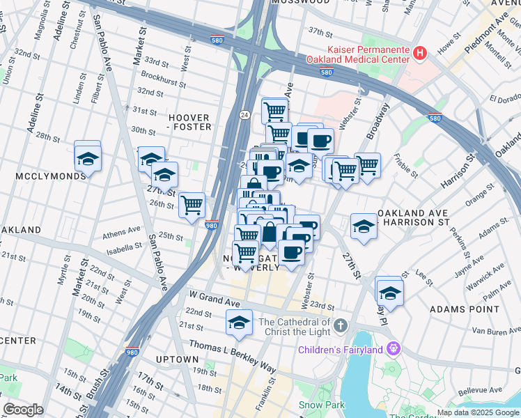 map of restaurants, bars, coffee shops, grocery stores, and more near 2713 Telegraph Avenue in Oakland