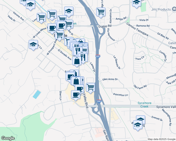 map of restaurants, bars, coffee shops, grocery stores, and more near 1 Oak Court in Danville