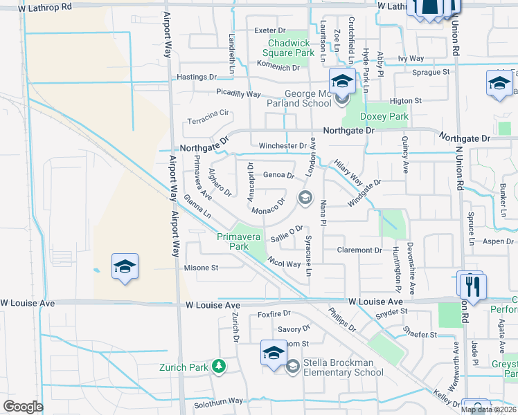 map of restaurants, bars, coffee shops, grocery stores, and more near 1813 Monaco Drive in Manteca