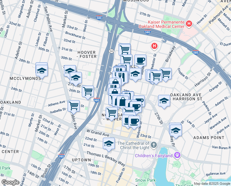 map of restaurants, bars, coffee shops, grocery stores, and more near in Oakland