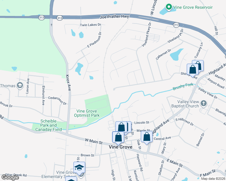 map of restaurants, bars, coffee shops, grocery stores, and more near 172 Shirley Boulevard in Vine Grove