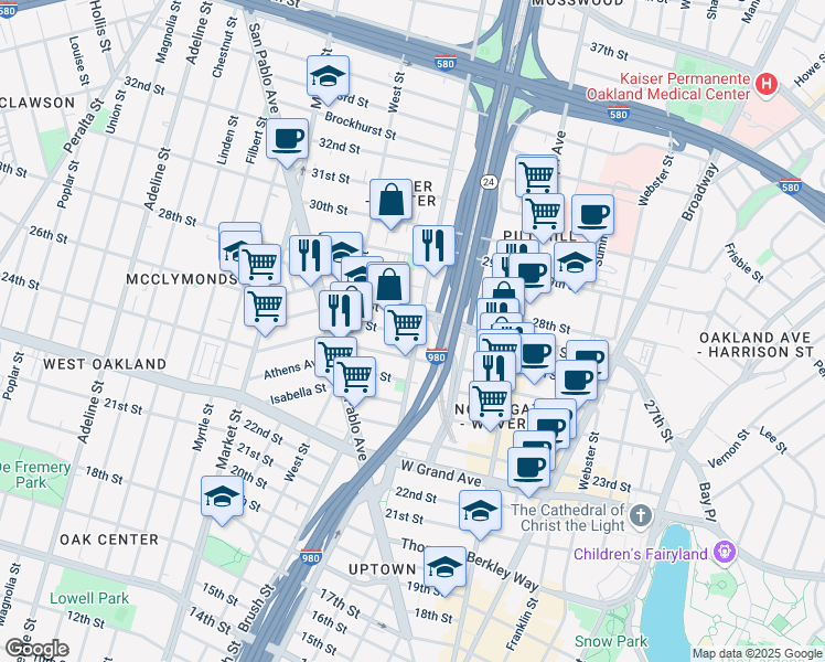 map of restaurants, bars, coffee shops, grocery stores, and more near 2601 Martin Luther King Junior Way in Oakland
