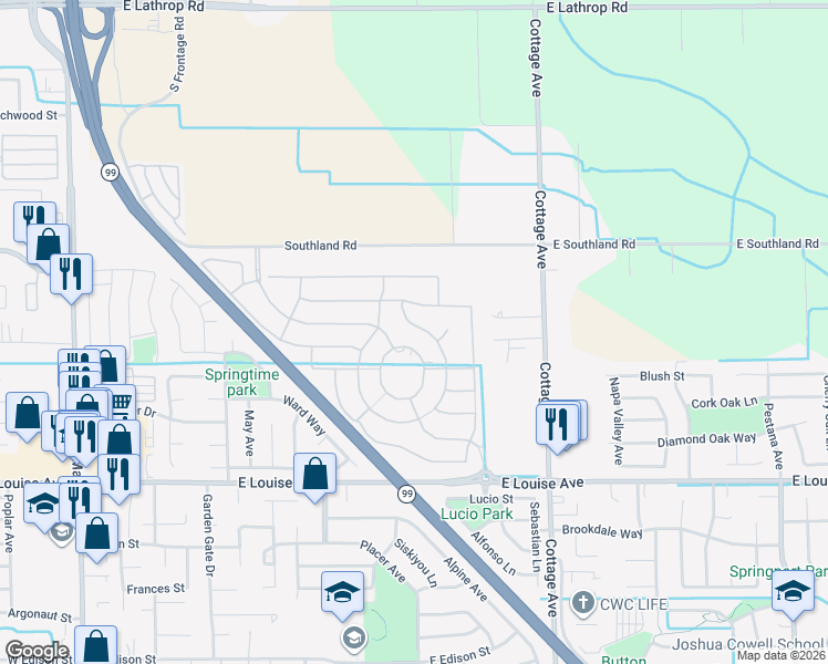 map of restaurants, bars, coffee shops, grocery stores, and more near 1361 Marceline Drive in Manteca