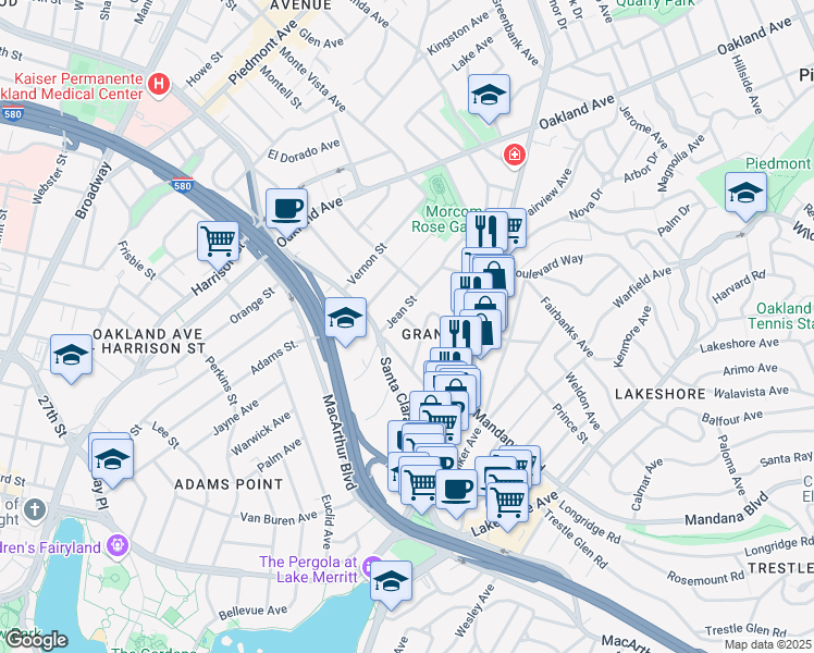 map of restaurants, bars, coffee shops, grocery stores, and more near 319 Alta Vista Avenue in Oakland