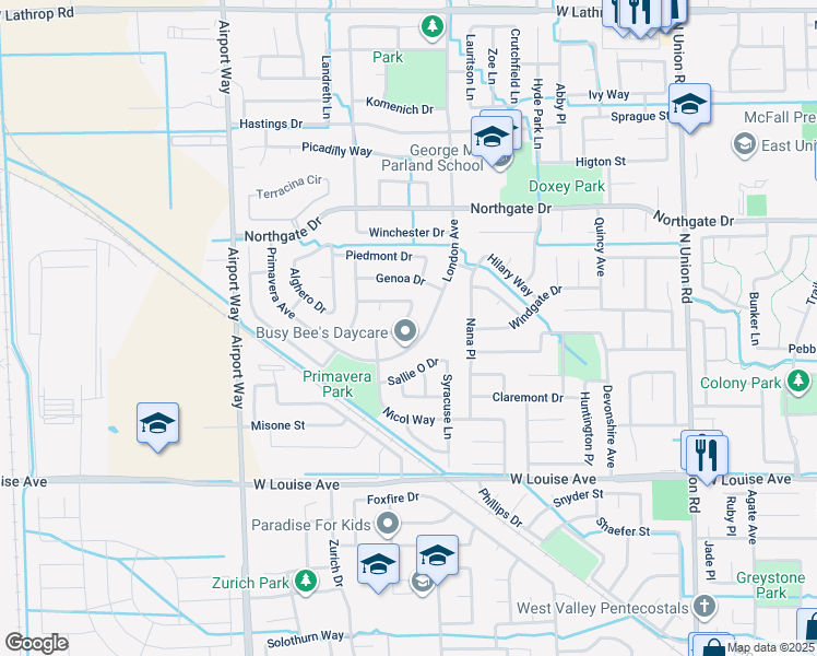 map of restaurants, bars, coffee shops, grocery stores, and more near 1742 Monaco Drive in Manteca