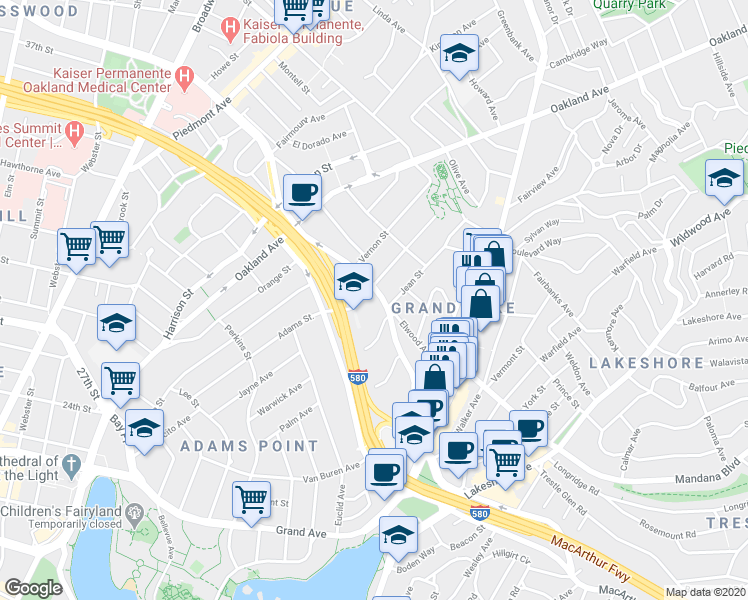 map of restaurants, bars, coffee shops, grocery stores, and more near 271 Santa Clara Avenue in Oakland