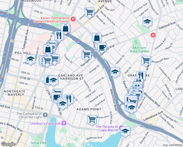 map of restaurants, bars, coffee shops, grocery stores, and more near in Oakland