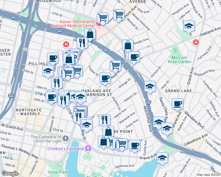 map of restaurants, bars, coffee shops, grocery stores, and more near 377 Orange Street in Oakland