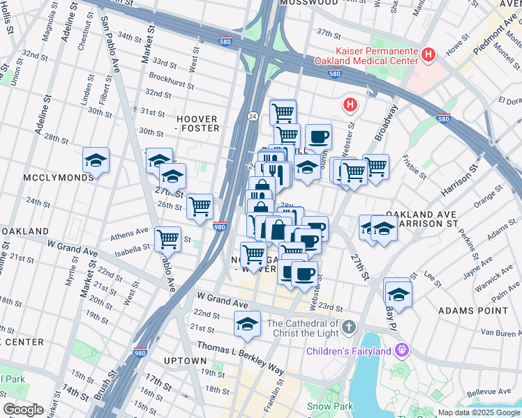 map of restaurants, bars, coffee shops, grocery stores, and more near in Oakland