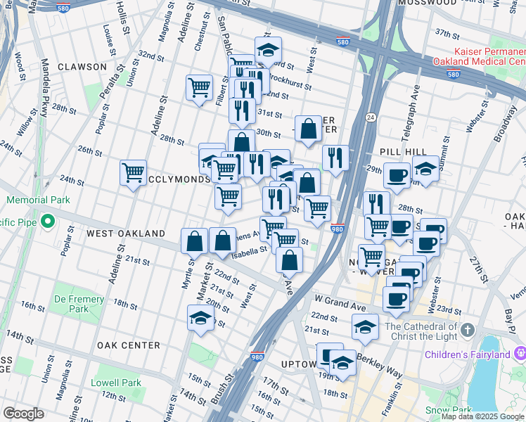 map of restaurants, bars, coffee shops, grocery stores, and more near 2 San Pablo Avenue in Oakland