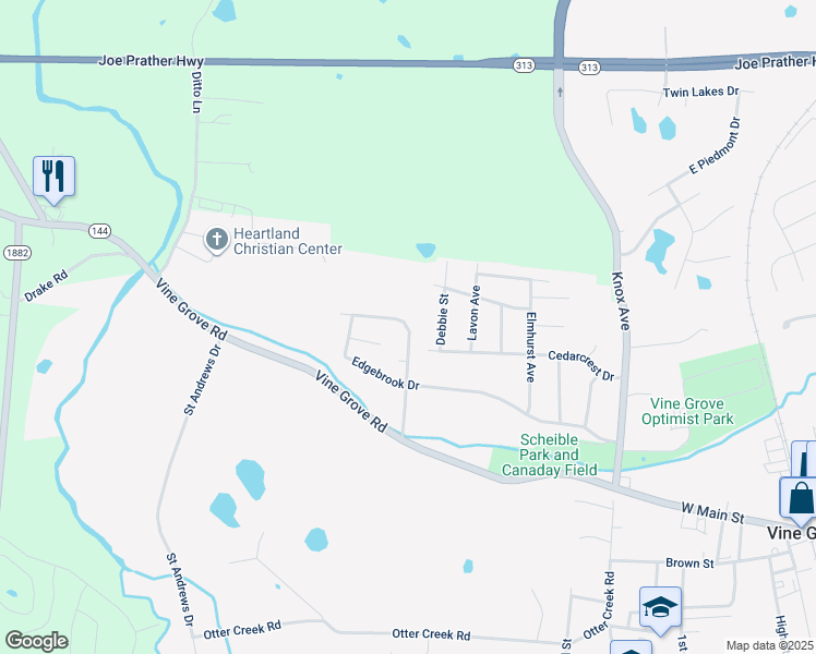 map of restaurants, bars, coffee shops, grocery stores, and more near 184 Creekvale Drive in Vine Grove