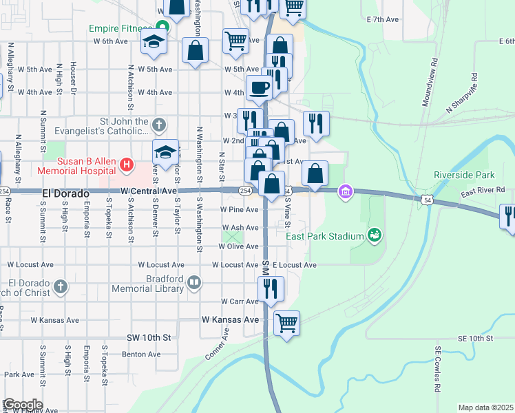 map of restaurants, bars, coffee shops, grocery stores, and more near 115 West Pine Avenue in El Dorado