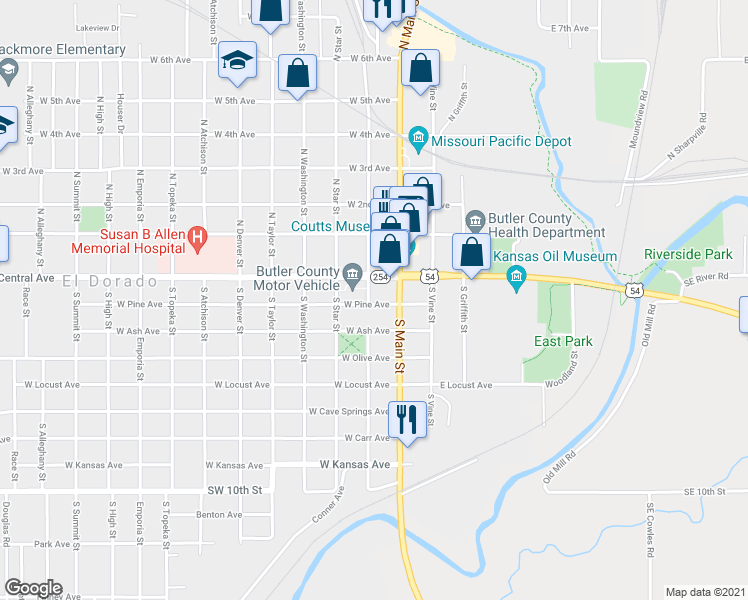 map of restaurants, bars, coffee shops, grocery stores, and more near 115 West Pine Avenue in El Dorado