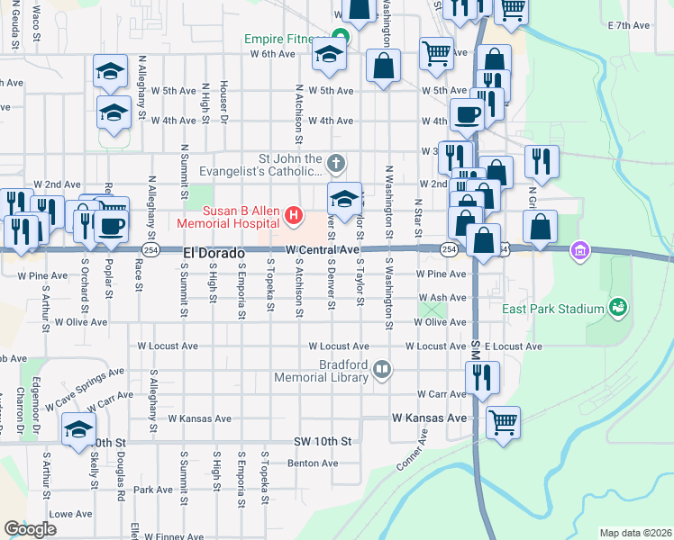 map of restaurants, bars, coffee shops, grocery stores, and more near 518 W Pine Ave in El Dorado