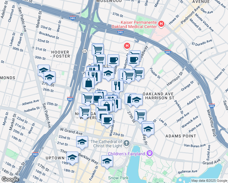 map of restaurants, bars, coffee shops, grocery stores, and more near 2808 Summit Street in Oakland