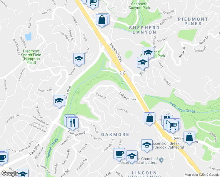 map of restaurants, bars, coffee shops, grocery stores, and more near 2370 Bywood Drive in Oakland