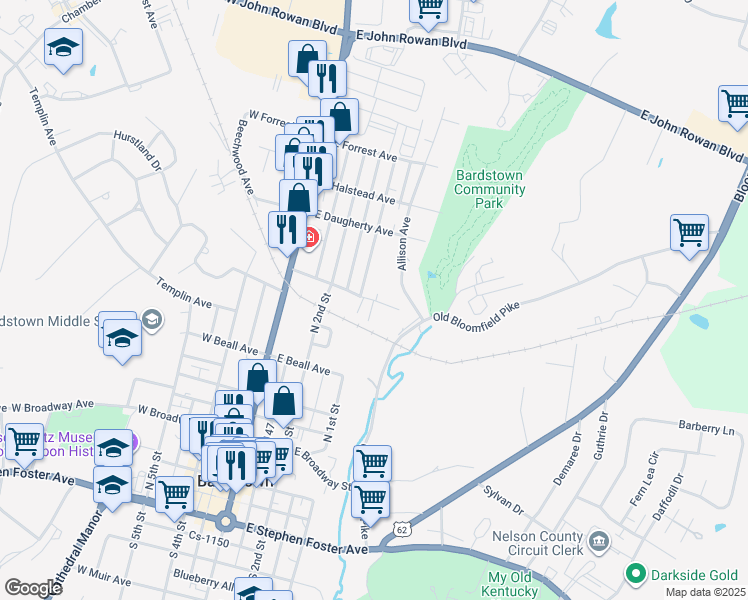 map of restaurants, bars, coffee shops, grocery stores, and more near 305 East O'Bryan Avenue in Bardstown