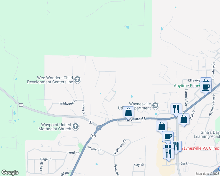 map of restaurants, bars, coffee shops, grocery stores, and more near 219 Settlers Pass in Waynesville