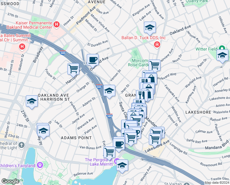 map of restaurants, bars, coffee shops, grocery stores, and more near 271 Santa Clara Avenue in Oakland