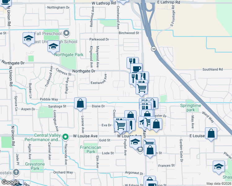 map of restaurants, bars, coffee shops, grocery stores, and more near 341 Joseph Road in Manteca