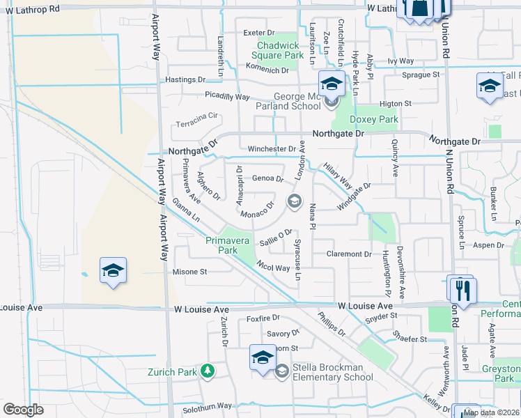 map of restaurants, bars, coffee shops, grocery stores, and more near 1813 Monaco Drive in Manteca