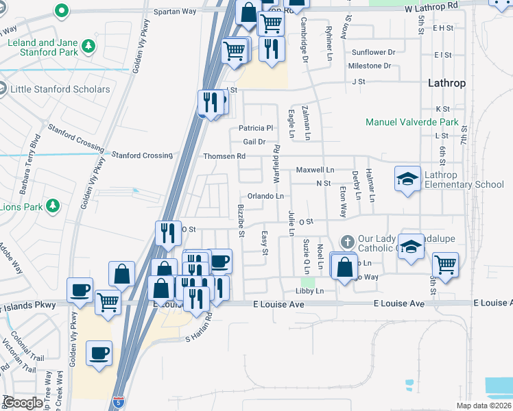 map of restaurants, bars, coffee shops, grocery stores, and more near 349 Osage Place in Lathrop