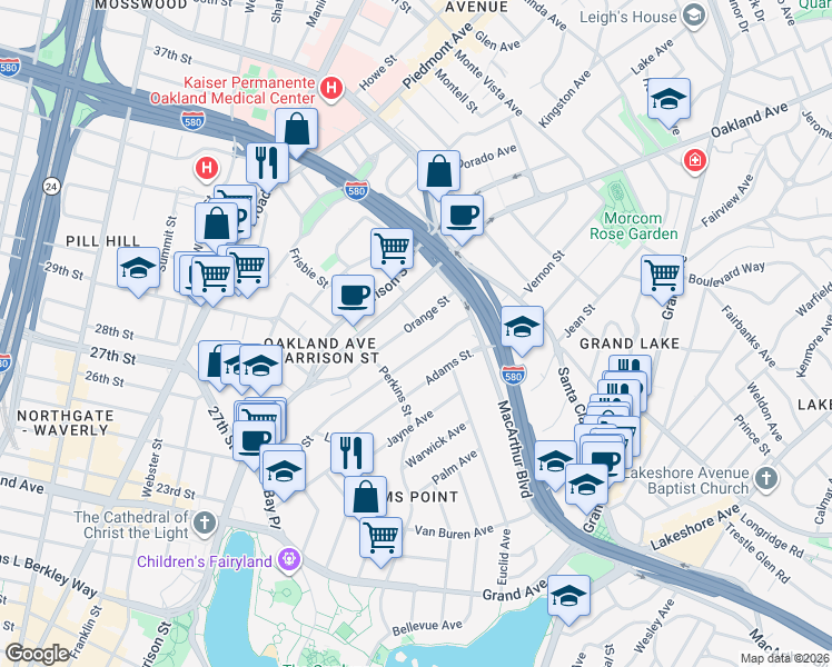 map of restaurants, bars, coffee shops, grocery stores, and more near in Oakland