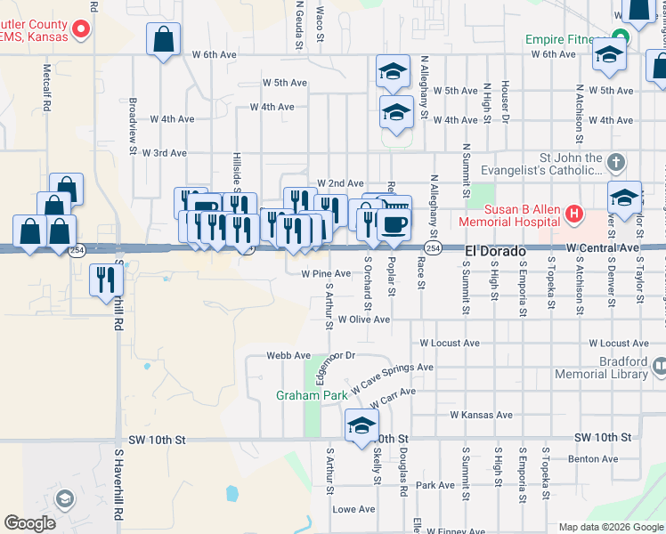 map of restaurants, bars, coffee shops, grocery stores, and more near 108 South Arthur Street in El Dorado