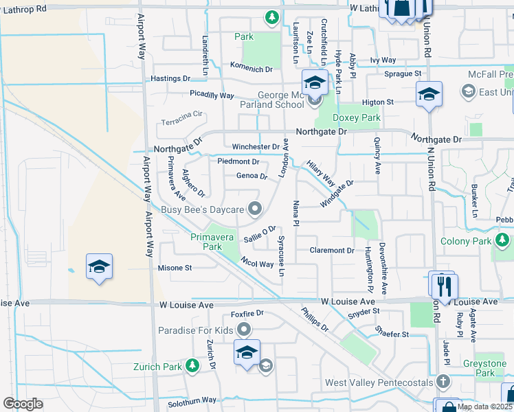 map of restaurants, bars, coffee shops, grocery stores, and more near 1742 Monaco Drive in Manteca