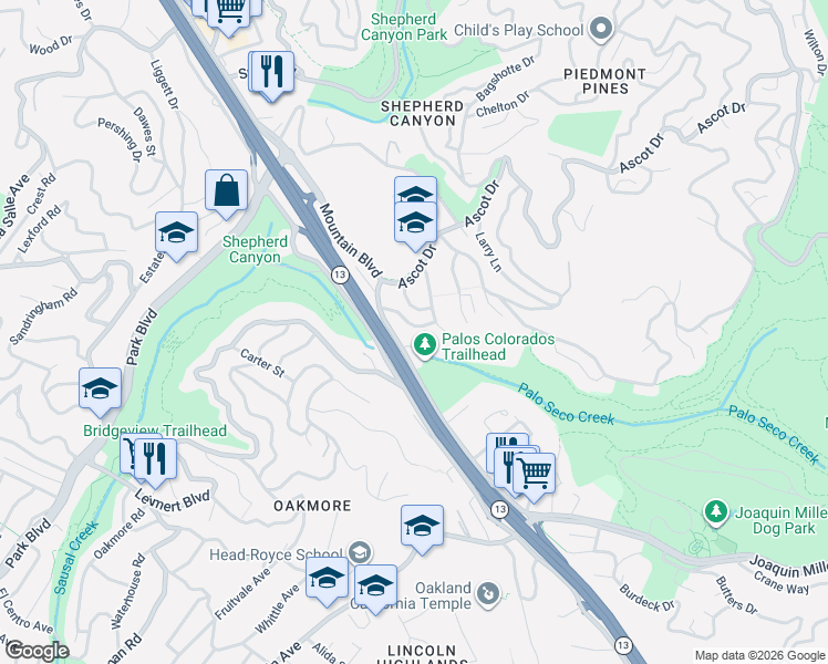 map of restaurants, bars, coffee shops, grocery stores, and more near 2593 El Caminito Street in Oakland
