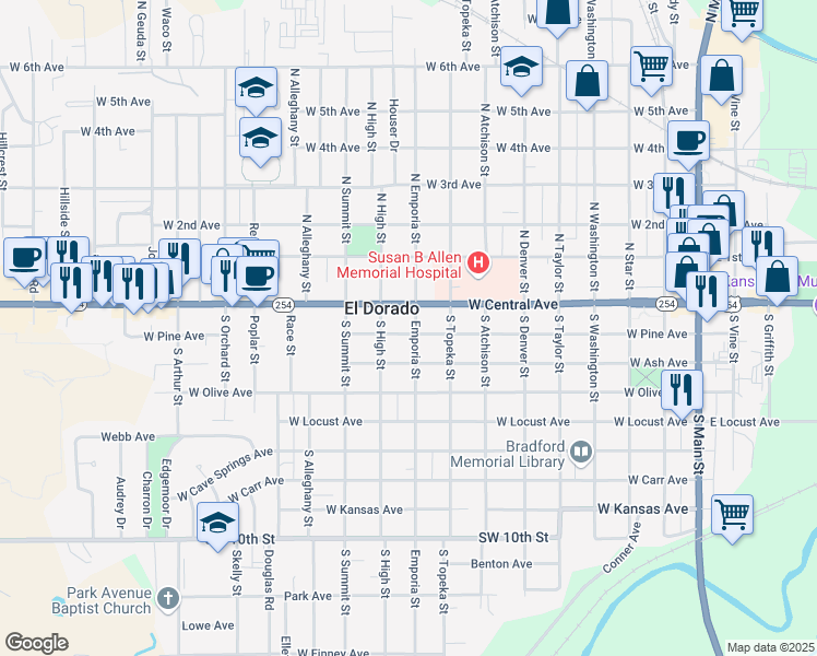 map of restaurants, bars, coffee shops, grocery stores, and more near 119 South Emporia Street in El Dorado