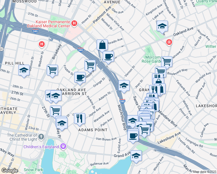 map of restaurants, bars, coffee shops, grocery stores, and more near 438 Vernon Street in Oakland