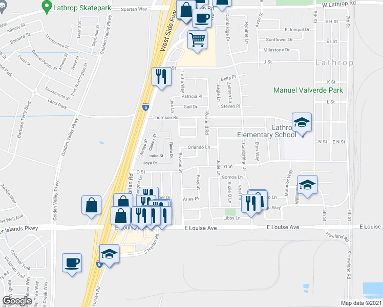 map of restaurants, bars, coffee shops, grocery stores, and more near 349 Osage Place in Lathrop