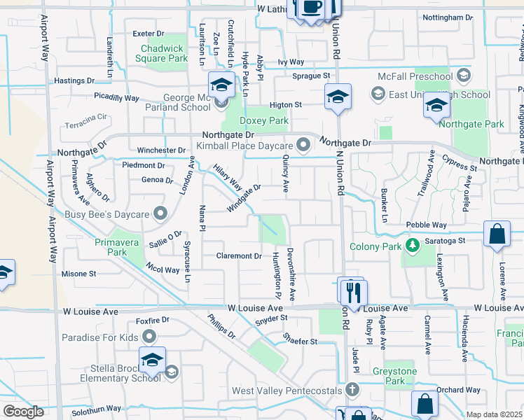 map of restaurants, bars, coffee shops, grocery stores, and more near 1433 Linden Way in Manteca