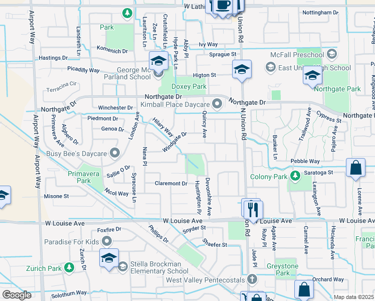 map of restaurants, bars, coffee shops, grocery stores, and more near 1435 Linden Way in Manteca