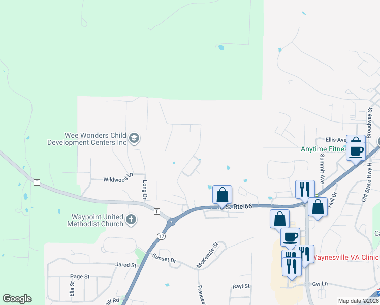 map of restaurants, bars, coffee shops, grocery stores, and more near 217 Settlers Pass in Waynesville