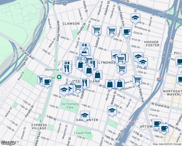 map of restaurants, bars, coffee shops, grocery stores, and more near in Oakland
