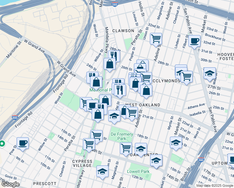 map of restaurants, bars, coffee shops, grocery stores, and more near 1297 West Grand Avenue in Oakland