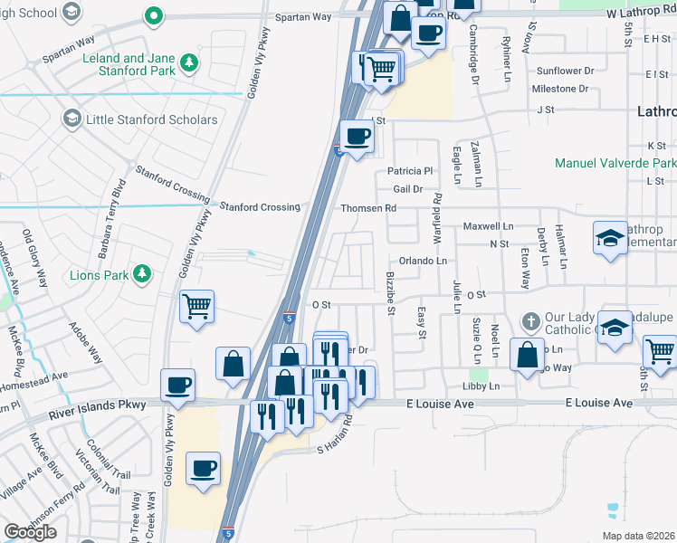 map of restaurants, bars, coffee shops, grocery stores, and more near 15820 South Harlan Road in Lathrop
