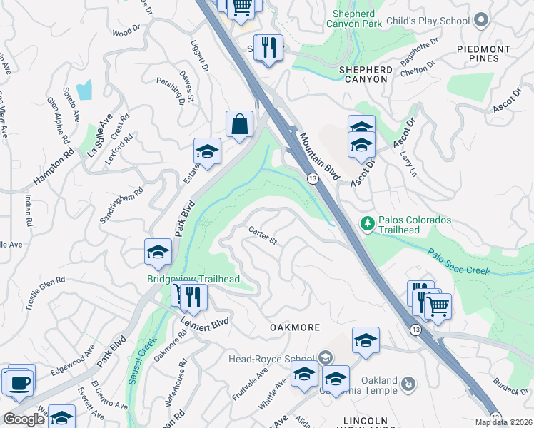 map of restaurants, bars, coffee shops, grocery stores, and more near 2323 Bywood Drive in Oakland