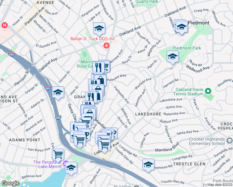 map of restaurants, bars, coffee shops, grocery stores, and more near 994 Vermont Street in Oakland
