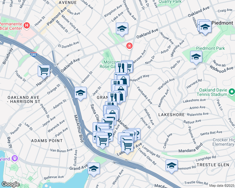 map of restaurants, bars, coffee shops, grocery stores, and more near in Oakland