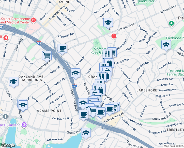 map of restaurants, bars, coffee shops, grocery stores, and more near 319 Alta Vista Avenue in Oakland