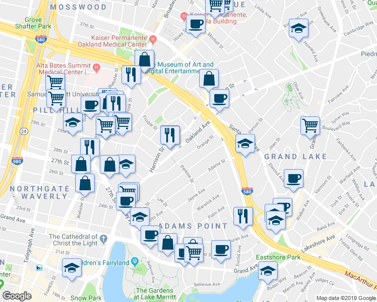 map of restaurants, bars, coffee shops, grocery stores, and more near 377 Orange Street in Oakland