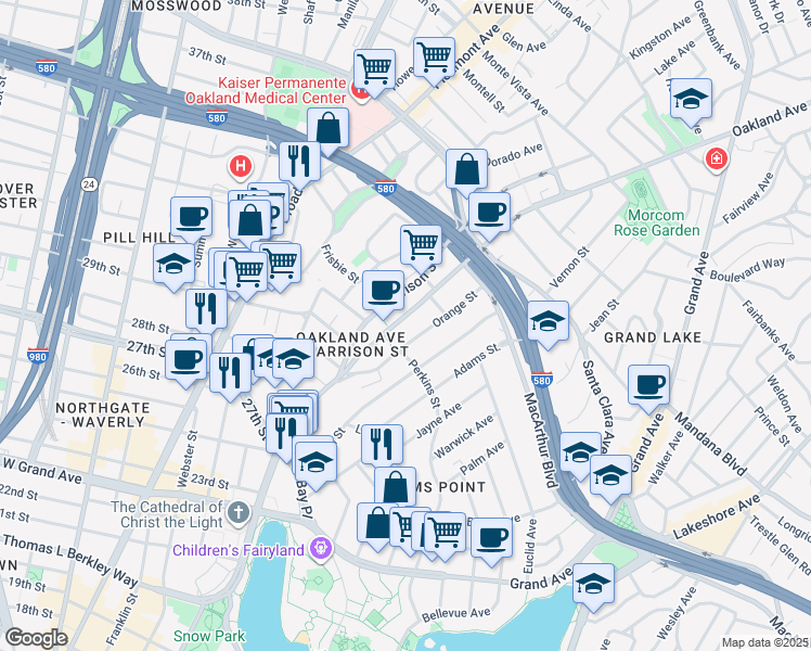 map of restaurants, bars, coffee shops, grocery stores, and more near 377 Orange Street in Oakland