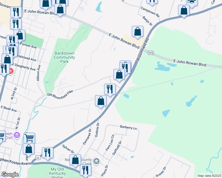 map of restaurants, bars, coffee shops, grocery stores, and more near 210 Reardon Boulevard in Bardstown