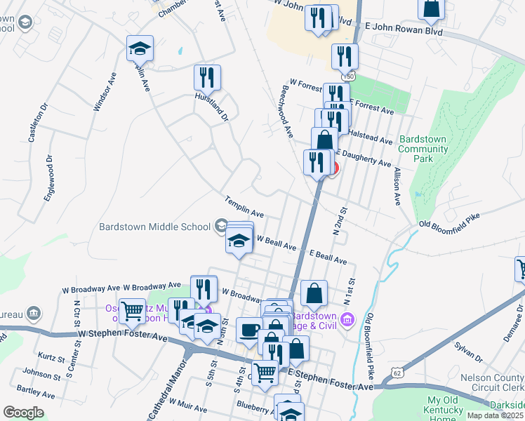 map of restaurants, bars, coffee shops, grocery stores, and more near 200-238 State Highway 1430 in Bardstown