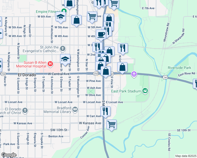map of restaurants, bars, coffee shops, grocery stores, and more near 115 West Pine Avenue in El Dorado
